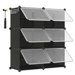 SONGMICS Interlocking Shoe Rack, Plastic Shoe Storage Cabinet, 6-Slot Modular Storage Organiser Unit, 30 x 40 x 30 cm for Each Slot, with Doors, Steel Frame, Plastic Panels, Black LPC033B01