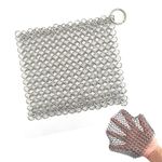 Cast Iron Cleaner Chainmail Scrubber, 7'' x 7'' Stainless Steel Skillet Cleaner with Hanging Ring Anti-Rust Scraper for All Types of Cast Iron Pans Griddles Grills & Dutch Ovens