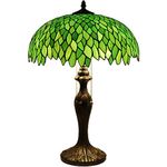 Tiffany Style Table Lamp Stained Glass Bedside Desk Light W16H24 Inch Tall Green Wisteria Lampshade Antique Base S523 WERFACTORY LAMPS Lover Parent Friend Kid Living Room Bedroom Coffee Bar Craft Gift