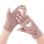 Bold N Elegant Cute Paw Fuzzy Warm Wool Convertible Fingerless Gloves cum Mittens Winter Wrist Arm Warmer Mitts Gloves for Girls & Women (Brown)