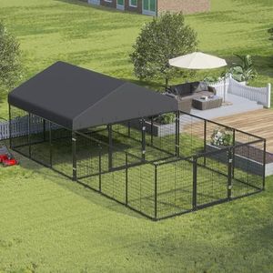 Petony Outdoor Dog Kennel with Dog Fence for Medium/Small Dogs Anti-Rust Coating Cage with Roof All Weather Resistant Dog House with Double Locks