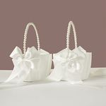 STAFUNI 2 PCS Wedding Flower Girl Basket, Pearl Handle Cute Flower Basket for Flower Girl, Ivory