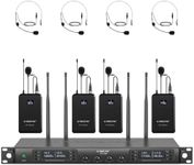 Phenyx Pro 4-Channel Wireless Microphone System, UHF Auto Scan Cordless Mic Set, 4 Bodypacks w/Headsets/Lapel Mics, 4x40 Frequencies, 328ft Coverage, Mic for Church, DJ, Meeting (PTU-7000-4B)