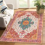 Moynesa Ultra-Thin Washable Area Rug - 4x6 Pink Rugs for Bedroom Girls Vintage Rug for Living Room, Non Slip Non Shedding Low Pile Indoor Throw Carpet for Nursery Office Entryway Kitchen Foyer