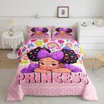 Castle Fairy African American Black Girl Comforter Set Twin Size,Pink Black Princess Girls Bedding Set,Cute Glitter Kids Quilt Set Teens Flower Star Colorful Dots Reversible Print Duvet Insert 2Pcs