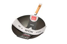 School of Wok - 12"/30cm Pre-Seasoned Carbon Steel Flat Bottom Wok with Bamboo Handle