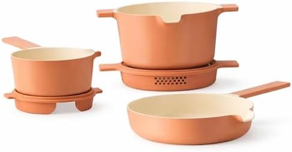 Alva Neat 5 in 1 Peach Ceramic Nonstick Cookware Set All in One Space Saving Non Toxic Cookware PFAS, PFOA & PFTE Free, Frying Pan, Sauce Pan, Dutch Oven & Coaster, Pots and Pans Set for Cooking