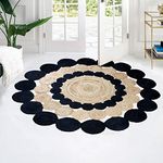 CASAVANI Collection Circle Area Rug - 6 Ft' Round Black Natural Jute Mat Geometric Kilim Rug Indoor Outdoor Use Mat Flatweave Rugs for Bedroom Bedside Round Dining Table Mat Hall & Kitchen