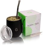 Kalmateh Yerba Mate Gourd - Double Walled Stainless Steel with BPA Free Lid, Bombilla Filter Straw & Bombilla Cleaner -Matte Black, 8 oz