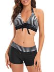 PONCEAU Women's Bikinis Set 2 Piece Swimsuit Printed Bikini Set Top with Shorts Beach Wear Ladies Bathing Suits Padded Black