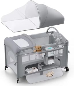 Obee Odee 4 in 1 Baby Bassinet, Pack and Play, Bedside Crib Sleeper, Diaper Changer - Comes with Mattress, Mosquito Net，Bottom Storage and Toy Bar for Newborn to Toddles