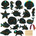 RVLZKCPG 64 Pcs Marine Animal Scratch Art for Kids, Rainbow Scratch Art, Magic Etch Art, Scratch Art Paper with 32 Wooden Stylus 64 Ribbon for Classrooms Gifts, Underwater World Birthday Parties