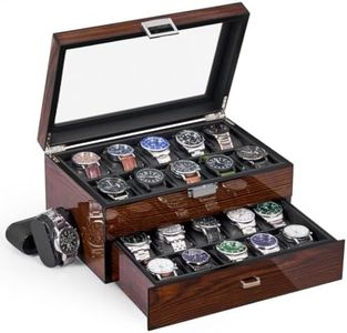 BEWISHOME Watch Box, 20 Slots Watch Case for Men - Luxury Watch Organizer with Glass Top,Smooth Faux Leather Interior, Brown SSH04Y