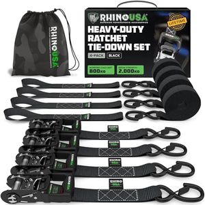 Rhino USA Ratchet Tie Down Straps (Set of 4) - 2000kg Max Break Strength, 4cm x 2.4m Heavy Duty Tie Downs with Hooks (4pcs) - Strap for Furniture Moving & Securing Cargo - Black