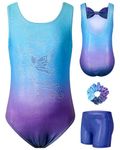 Gymnastics Leotard for Girls Sparkly Dance Unitards with Shorts One Piece Sleeveless Biketard Athletic Outfit for Kids, Blue 6-7 Years