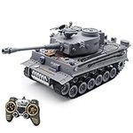 Mostop Remote Control Tank with Bullet Launch Function, 1/18 Scale Tiger Army Tank for Kids Boys, 2.4Ghz Battle RC Tank Military Vehicle with 330°Rotating Turret, Smoking Effect, LED Light and Sound