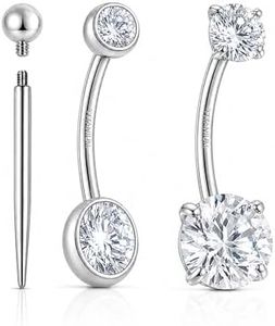 RIYSGHNQ G23 Titanium Belly Button Ring 14G Internally Threaded Navel Piercing Jewelry 18K Gold Plated Cubic Zirconia Navel Bar for Women Men (Silver)