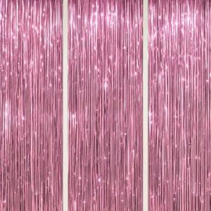 DECOCKRAT 3 Pack Foil Fringe Backdrop - Pink Shiny Tinsel Curtains for Party Decoration/Photo Booth Props - 3.3x8.2 FT Metallic Foil Backdrop for Birthday, Wedding, Graduation, Christmas.