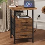 GYIIYUO Night Stand with 3 Drawer, Bedside Table with 19'' Large Tabletop and Fast Charging Station, Nightstand Spacious Storage for Bedroom, Side Table, Fabric Drawer, Rustic Brown