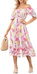 Sissyaki Women's Summer Off Shoulder Boho Midi Dress Cute Puff Sleeve Tiered Long Dress Pink Print Large