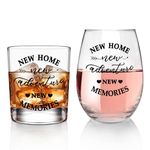 ONEHAUS New Home New Adventures Wine and Whiskey Glass Gift Set - Unique Housewarming Gift for New Homeowners - New Home Gift Ideas for Women and Men