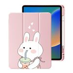 Cute Kawaii Bunny for iPad Mini 6 Case with Pencil Holder, Auto Sleep/Wake, Pink Leather Clear Acrylic Back Cover