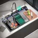 COOTER 30" x 18" x 9" Fully Equipped Piano Kitchen Sink with Dual Flow Integrated Waterfall Pull-Down Faucets 304 Grade Stainless Steel Nano Black Finish Sink with LED Panel Digital Display.