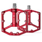 Road/Mountain Bike Pedals - 3 Bearings Bicycle Pedals - 9/16” CNC Machined Flat Pedals with Removable Anti-Skid Nails (Red)