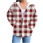 oelaio Womens Full Zip Up T-Shirt,Trendy Plaid/Striped Print Hoodie Sweatshirt Jackets Oversized Drawstring Coat,Pockets