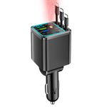 STHIRA® 120W Fast Car Charger Type C with Retractable Cables 7 in 1 Multi-Port USB-A & USB-C PD Charging Station LED Voltage Display Starry Ambient Light Car Charger Socket