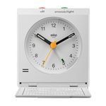 Braun Classic Analogue Travel Alarm Clock with Snooze and Light, Iconic Design, Compact Size, Folding Lid with World Time Zone Map, Quiet Quartz Movement, Crescendo Beep Alarm in White, model BC05W