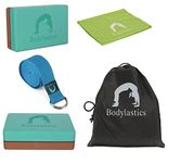 Bodylastics Yoga Blocks Set of 2, Yoga Strap, Cooling Towel with Storage Bag High Density EVA Foam Non-Slip Workout Bricks to Improve Poses Balance Flexibility Support Strength Training Exercise