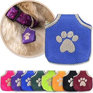 Woofhoof Dog Tag Silencer, Blue Pawprint - Quiet Noisy Pet Tags - Fits Up to Four Pet IDs - Dog Tag Cover Protects Metal Pet IDs, Made of Durable Nylon, Universal Fit, Machine Washable