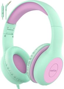 EarFun Kids Headphones Wired with Microphone, 85/94dB Volume Limit Headphones for Kids, Portable Wired Headphones with Shareport, Stereo Sound Foldable Headset for School/Tablet/iPad, Green Violet