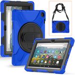 Juaupepo Rugged Case Compatible with Amazon Fire HD 8 & 8 Plus (12th Generation, 2022),Portable Hybrid Shock-Proof Cover with 360° Rotatable Hook&Loop Handle,Shoulder Strap (Blue)