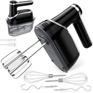 Cordless Hand Mixer, 12-Speed Rechargeable Electric Handheld Mixer with 6 x 304 Stainless Steel Attachments (2 Whisks, 2 Beaters, 2 Dough Hooks) & Storage Case, for Baking, Eggs, Cakes (Black)
