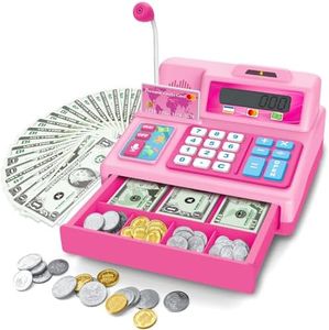 BAODLON Calculator Cash Register - 73 Pcs Pink Toy Cash Register, Microphone, Credit Card and Banking for Kids, Early Math Skills Toys Gifts for 3, 4, 5, 6 7 8+ Years Old Boys Girls