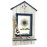 Darthome Rectangle Bathroom Wall Mirror Wood Nautical Boat Decoration 2x Key Hooks 47cm, White, Blue