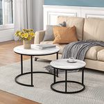 HOJINLINERO Black Round Coffee Table Set of 2 Side Table for Living Room,Nesting Table Industrial Stacking End Tables,Marble Pattern with Metal Frame End Table for Bedroom/Small Space,White