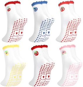 soxitoevy 6 Pcs Pilates Sock with Grips for Women, Cute Ruffle Fruit Patterned Cotton Yoga Socks for Barre Hospital Sticky Slipper