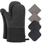 Philorn Oven Gloves Waterproof Heat Resistant Silicone Glove Non-slip Oven Mitts with Pinch Grips and Silicon Brush Long Cotton Cuffs BBQ Baking Smoking Glove Potholders (Cross Black)