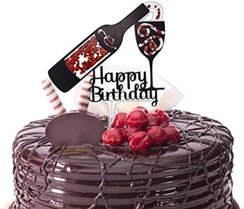 Happy Birthday Cake Topper, Wine Bottle and Glass Acrylic Cake Topper,Whisky and Wine Themed Birthday Party Decor