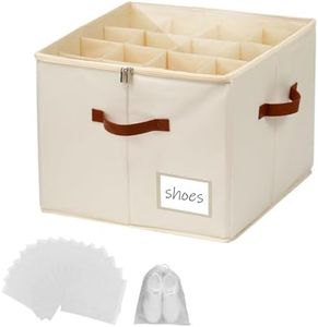 Shoe Cabinet Storage Box with 16 Shoe Bag,Adjuistable Shoes Cabinet Organiser,Large Foldable Shoe Boxes with Clear Cover for Closet Storage with Leather Handles, Fits 8-16 Pairs,Beige,43 * 43 * 31cm