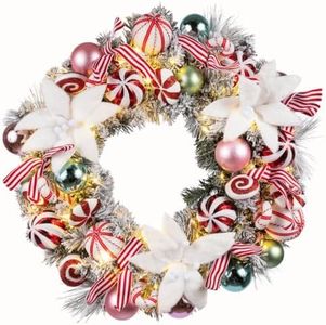Clovi Brad Schmidt 26” Hard Candy Holiday Wreath, Pre-Lit, Cordless | Battery Powered Christmas Wreath, 80 LED Lights, 3 Function Timer, Twinkle/Solid Light Modes, Indoor/Outdoor Seasonal Décor