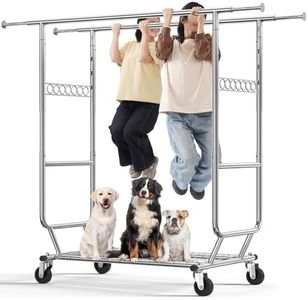 HOKEEPER Double Clothes Rail Commercial Grade Garment Rack with Shelves, 270kg Heavy Duty Clothing Rails Adjustable Collapsible Rolling Clothes Rack on Wheels, Chrome Finish