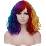 BERON 14 Inches Multi Color Wig Women’s Rainbow Curly Wig with Bangs Colorful Wig for Women Halloween Cosplay Wig for Daily Use Synthetic Wigs (Multi-color)