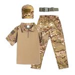 QIYUANT Children's Tactical Camo T Shirt & Pants Sets Summer Airsoft Military Camouflage Short Sleeve Combat Hiking Hunting Camping for Boys Grils Men Women (T-shirt + Pants + Cap + Belt, 160)