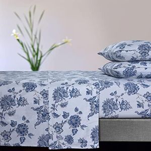 Tribeca Living Ultra-Soft Flannel Sheet Set, 170-GSM Cotton, Deep Pocket, Cozy Winter Bedding - Full, Floral Deep Blue