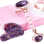 Gua Sha Facial Tool & Jade Roller Set Made of Rose quartz, ideayard Flower Face Roller Massage Tool for Wrinkles and Relax Muscle, Relief Lymphatic Drainage (Amethyst)