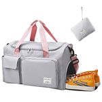 Aedcbaide Travel Bag for Women Men,Waterproof Gym Bag with Shoe Compartment,Lightweight Foldable Duffel Bag,Storage Bag,Dry and Wet Organiser Bag,Large Weekend Bag for Sport Travel (Grey + Pink)